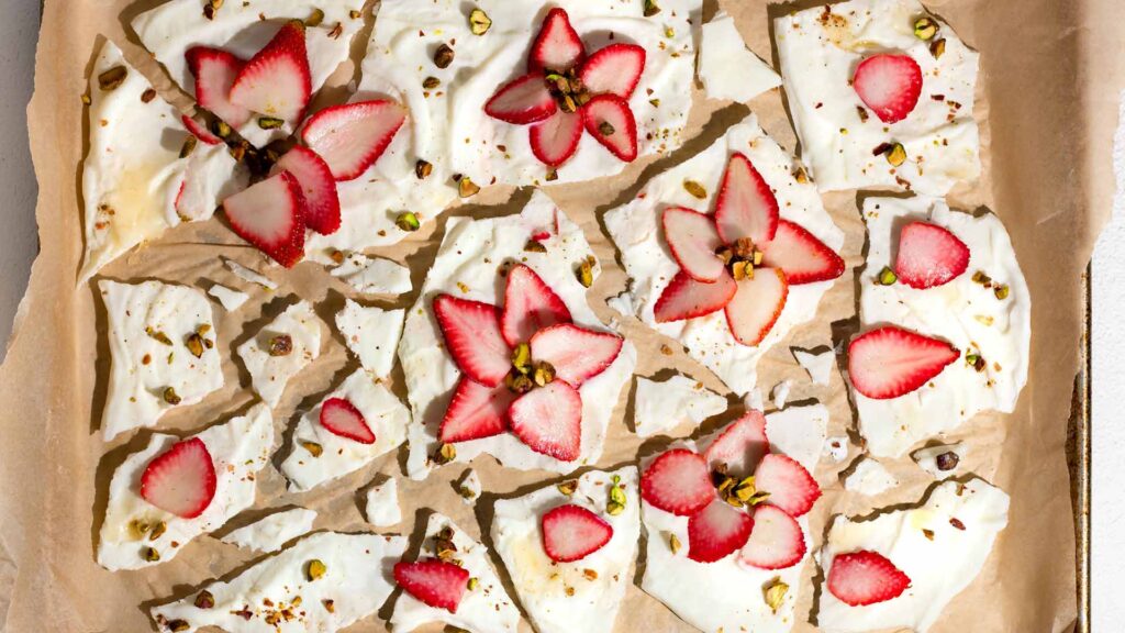 low sugar Strawberry Yogurt Bark on tray no flavours